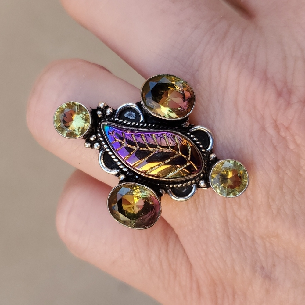 New Carved Rainbow Hematite, Citrine & Ametrine 925 Silver Ring.